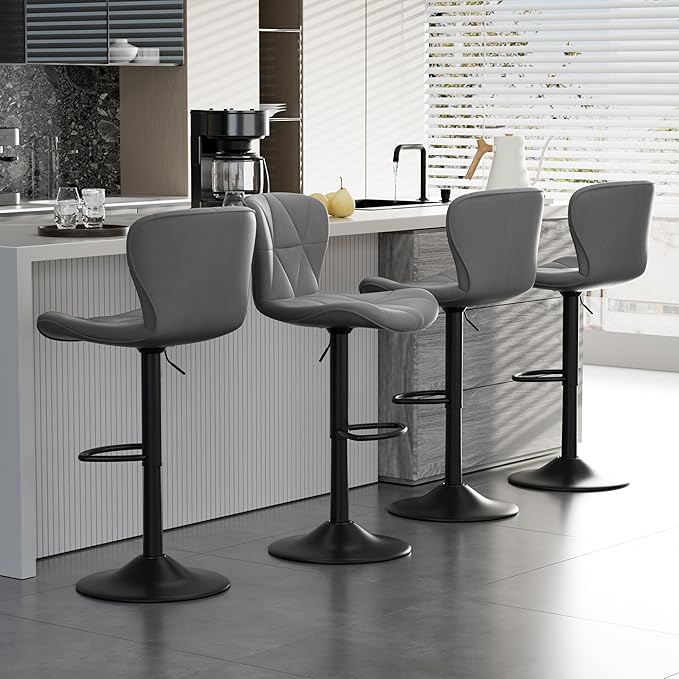 Bar Stools Set of 6,Adjustable Swivel Barstools, Faux Leather Bar Chairs,Upholstered Counter Height with High Backrest for Kitchen Island, Dark Grey