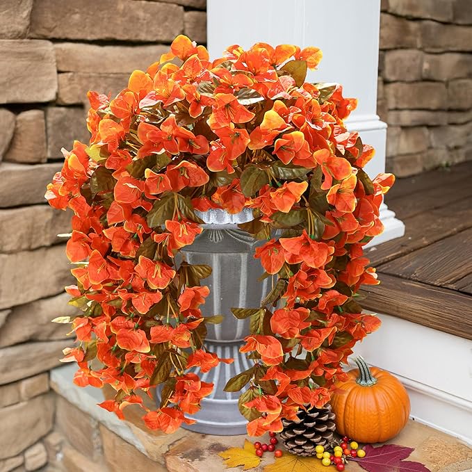 Bougainvillea Artificial Fall Hanging Flowers Plants for Outdoors Autumn Decoration, 2pcs Faux Bougainvillea Vines Orange Fake Flowers Realistic UV Resistant Silk Flowers for Outside Planter Yard Home