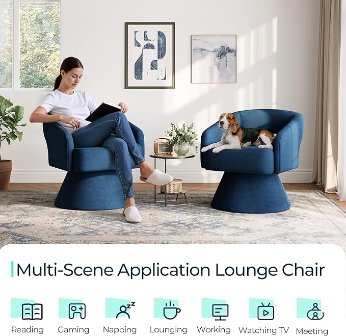 LINSY Swivel Accent Chair, Small Barrel Chair 360 Swivel Modern Armchair, Upholstered Reading Chair for Small Spaces Living Room, Vanity Chair for Bedroom, Blue