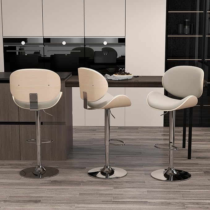 KCC Bar Stools Set of 3, Swivel Adjustable Height Barstools, PU Leather Upholstered Bar Chairs with Footrest, Bentwood Bar Stool for Kitchen, Bar, Dining Room(Grey PU)