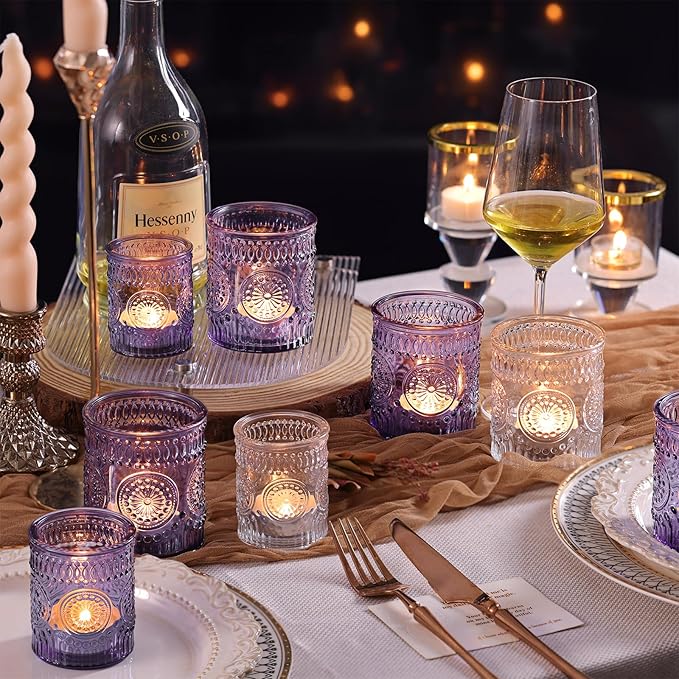 Volens 20pcs Assorted Purple Votive Candle Holders with 20pcs Tealight Candles, Large Glass Votive & Tea Light Candle Holder for Wedding Table Centerpieces, Christmas Party Decorations, Home Decor