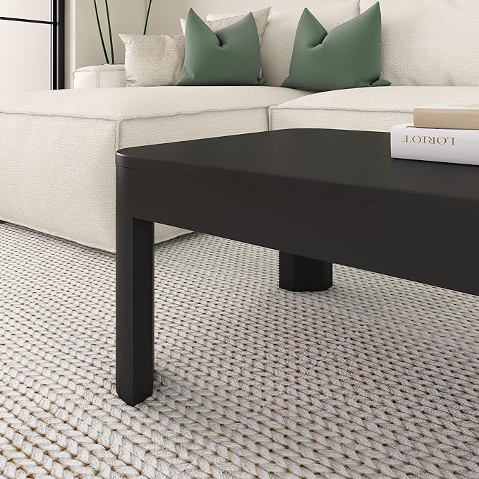 Plank+Beam Modern Rounded Coffee Table, 48 Inch, Solid Wood Contemporary Center Table for Living Room, Rectangle Tea Table, Black