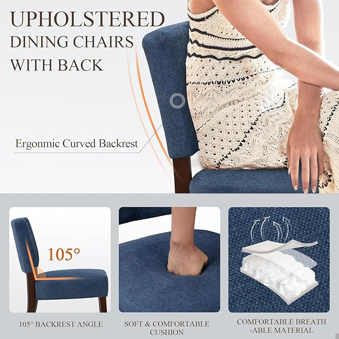 COLAMY Mid Century Modern Dining Chairs Set of 4, Upholstered Kitchen Chairs with Back, Farmhouse Fabric Side Dining Room Chairs with Wood Legs for Dining Room Kitchen Restaurant, Blue