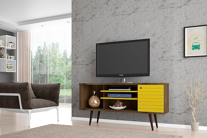 Manhattan Comfort Liberty Mid Century Modern TV Stand for Televisions up to 50 Inches, Bedroom and Living Room Entertainment Center with Storage, Shelves, and Cabinet, 53" Wide, Rustic Brown/Yellow