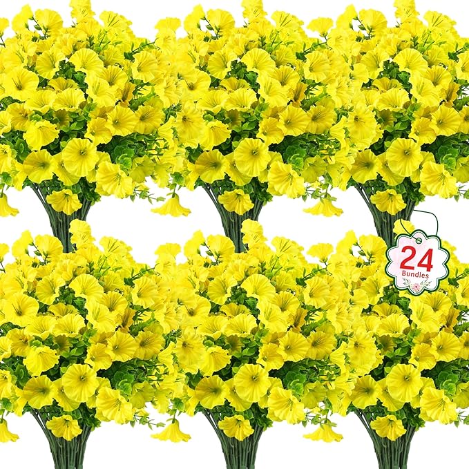 Ouddy Decor 24 Bundles Artificial Flowers for Outdoors Decoration Fake Silk Morning Glory Flowers Faux Eucalyptus Plants UV Resistant for Porch Patio Garden Spring Summer Home Decor, Yellow