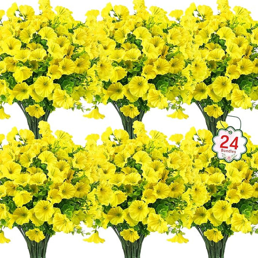 Ouddy Decor 24 Bundles Artificial Flowers for Outdoors Decoration Fake Silk Morning Glory Flowers Faux Eucalyptus Plants UV Resistant for Porch Patio Garden Spring Summer Home Decor, Yellow