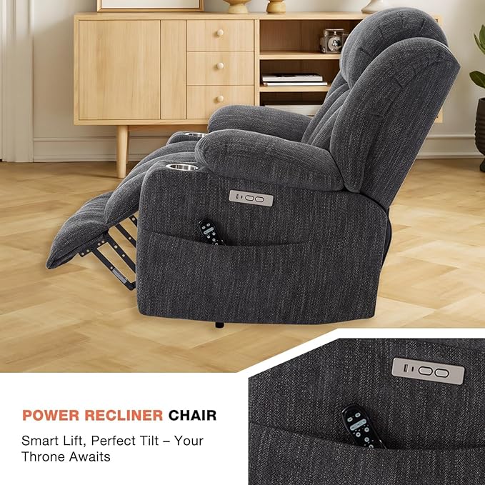 Power Lift Recliner Chair, 350lb Capacity with 8-Point Massage & Heating, USB/Type-C Ports & Cup Holders, Heavy Duty Chenille Recliner for Elderly, Grey