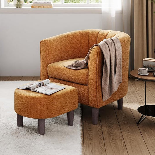 LINSY Accent Chair with Ottoman, Chenille Barrel Chair with Footstool, Modern Upholstered Armchair for Living Room Bedroom Waiting Room Office, Orange