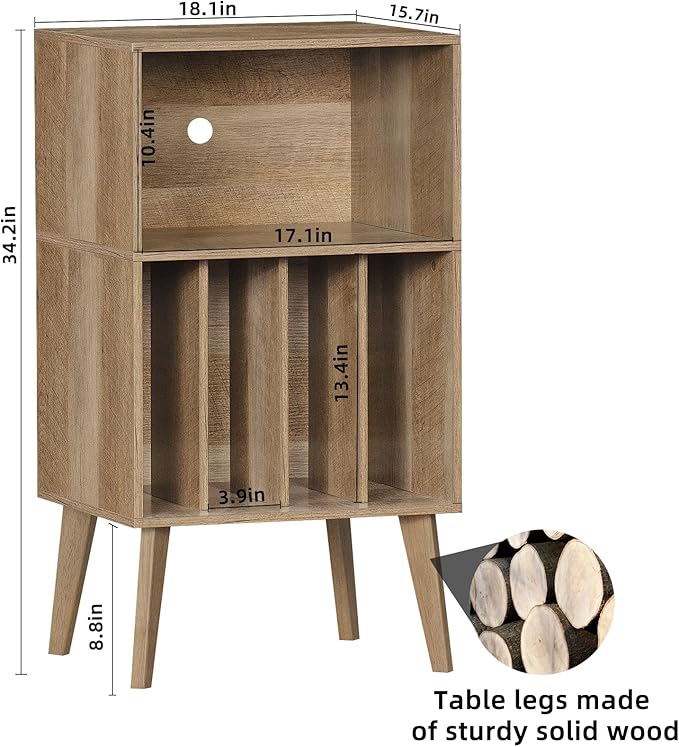 Lerliuo Record Player Stand, Oak Turntable Stand Holds up to 160 Albums, Mid-Century Vinyl Storage Cabinet Table with Solid Wood Legs, Record Player Holder Dispaly Shelf for Bedroom Living Room