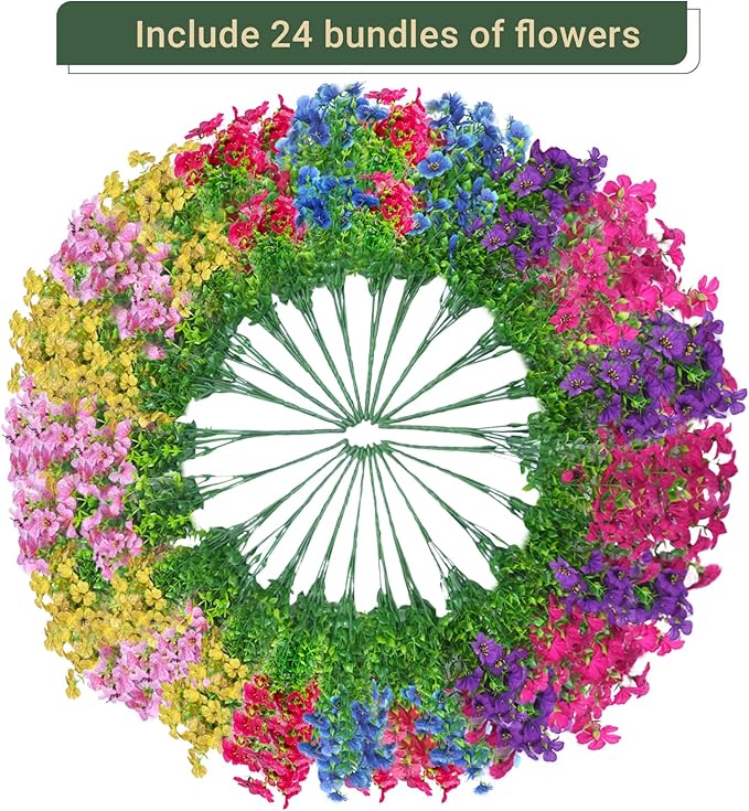 24 Bundles Artificial Flowers for Outdoors & Indoors – UV Resistant Faux Plastic Plants for Garden, Patio, Porch, Window Box, Home Decor – Lush & Vibrant Fake Flowers, Multicolor