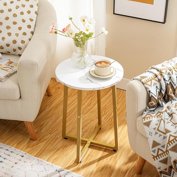 HOOBRO Side Table, Round Accent End Table with Sturdy Metal Pedestal, 15.7" Round Nightstand, for Living Room, Bedroom, Balcony, Office, Marble and Gold DM95BZ01