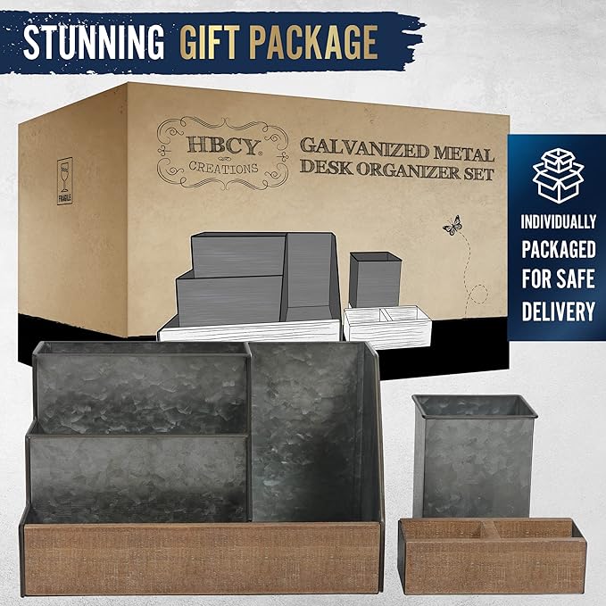 HBCY Creations 3 Piece Galvanized Metal Desk Organizer Set - Rustic Mail Organizer For Desktop - Great For Industrial Home Decor! Makeup Organizer For Vanity