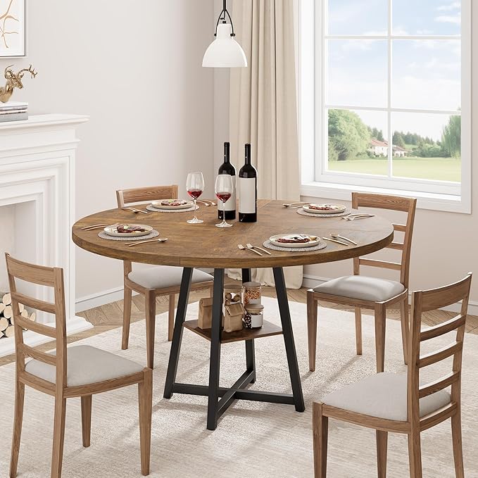 GAOMON Round Dining Table for 4-6 People, 47 Inch Brwon Dinner Room Pedestal Table with Storage Shelf, Industrial Circle Kitchen Table for Kitchen, Dining Room, Space Saving