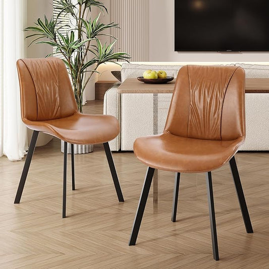 Upholstered Dining Chairs Set of 2, Modern Kitchen & Dining Room Chairs, Faux Leather, Sturdy Metal Legs, for Living Room, Cafe & Restaurant- Brown