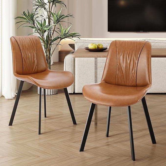 Upholstered Dining Chairs Set of 4, Modern Kitchen & Dining Room Chairs, Faux Leather, Sturdy Metal Legs, for Living Room, Cafe & Restaurant- Brown