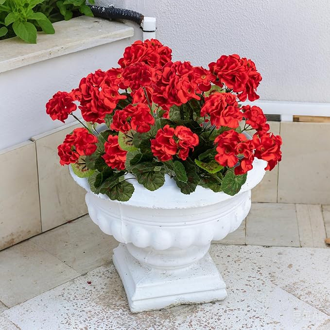 4PCS Home Decor Fake Plants Artificial Flowers Artificial Geraniums Outdoor Fake Flowers Artificial Flowers Fake Silk Bouquet, Fall Decor for Interior Porch Garden Decoration (Red) 14.4"