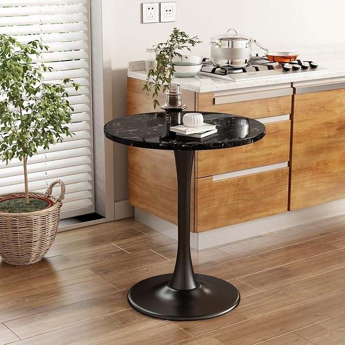 Black Round Table Modern Dining Table Marble Texture Tulip Round Kitchen Table Mid Century Coffee Table for Living Room, 24 inch