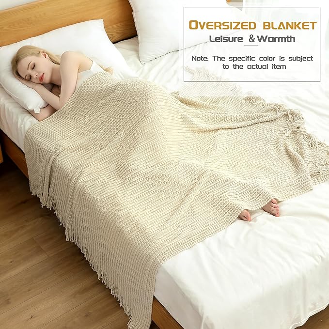 Blagic Knitted Throw Blanket for Couch,Soft Farmhouse Boho Fall Throw Blanket with Tassels,Home Decorative Lightweight Throw Blankets,Beige Throws for Bed/Chair/Sofa, 60" W x 80" L