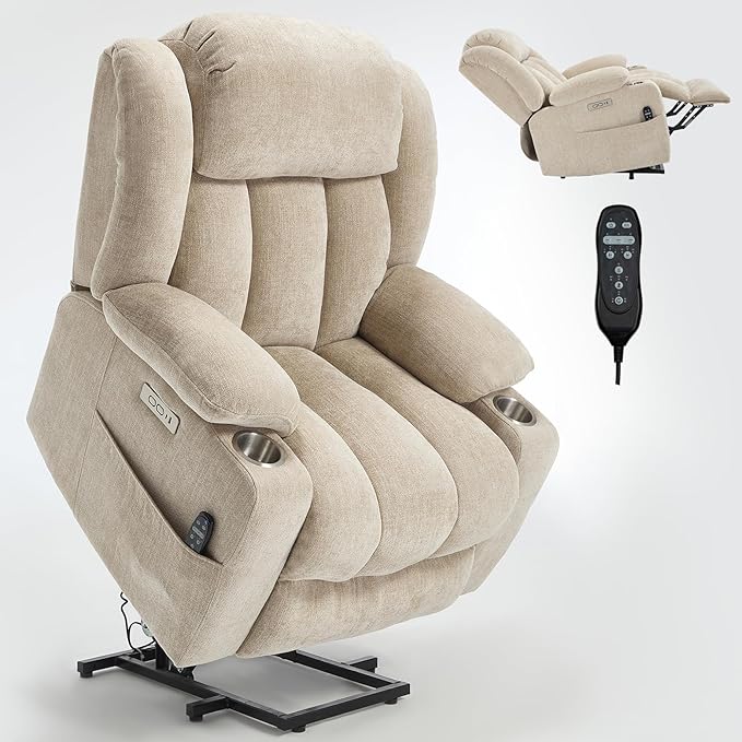 Power Lift Recliner Chair, 350lb Capacity with 8-Point Massage & Heating, USB/Type-C Ports & Cup Holders, Heavy Duty Chenille Recliner for Elderly, Beige