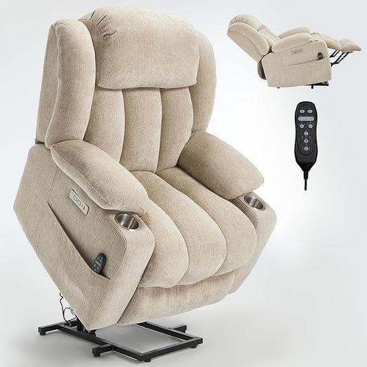 Power Lift Recliner Chair, 350lb Capacity with 8-Point Massage & Heating, USB/Type-C Ports & Cup Holders, Heavy Duty Chenille Recliner for Elderly, Beige
