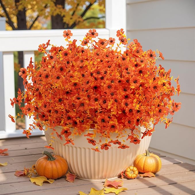 Artificial Mums Fall Fake Flowers for Outdoors, 12 Bundles Faux Mums for Outdoor Planters Autumn Decorations,UV Resistant Silk Flowers Plastic Plants for Outside Front Porch Garden Patio Home Decor