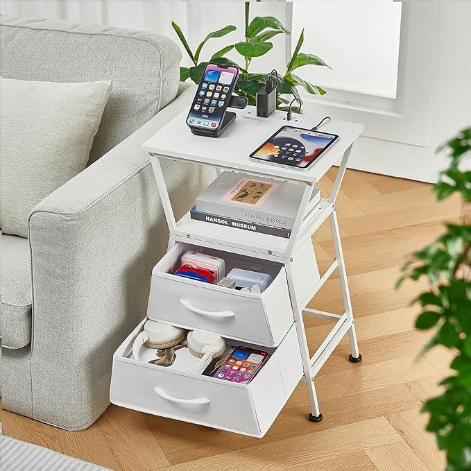 Nightstand with Charging Station, Side Tables for Bedroom with Built-in USB Side Table with 2 USB Ports and Outlets Nightstand with Cloth Drawer End Tables Living Room Sofa Couch