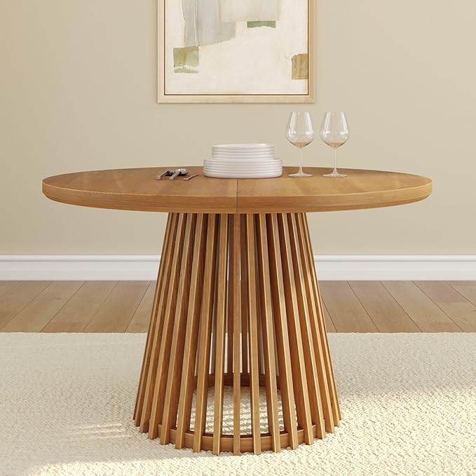 Plank+Beam Lido Round Dining Table, 47", Wooden, Pedestal, Minimalist Kitchen Table for 4 for Dining Room, Pecan