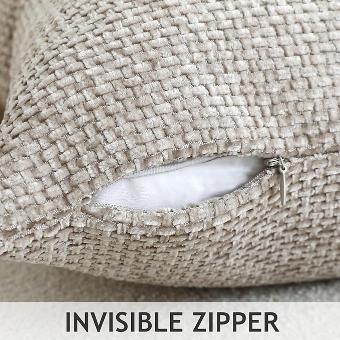 Stellhome Pack of 2 Chenille Neutral Decorative Throw Pillow Covers Soft Woven Textured Luxury Accent Cushion Cases for Living Room Couch Bed Sofa Farmhouse Boho Home, 18x18 inch, Light Brown