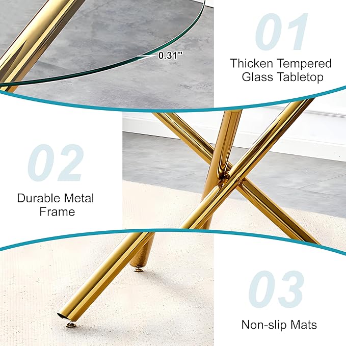 Kitchen Table Classic Dining Table for 4 Round Glass Dining Table 42" Kitchen & Dining Room Tables with Metal Legs and Glass Tabletop for Dining Room and Apartment, Gold