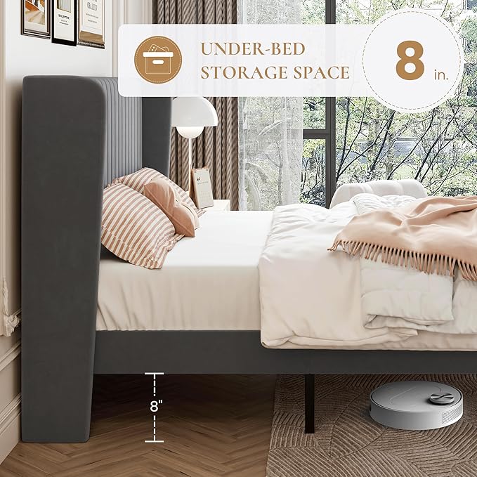 SHA CERLIN Full Size Velvet Bed Frame with Vertical Channel Tufted Wingback Headboard, Upholstered Platform Bed with Wood Slats, No Box Spring Needed, Easy Assembly, Grey