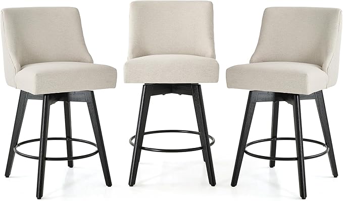Vipbear Counter Height Bar Stools Set of 3, 26" H Swivel Bar Stools with Backs, Linen Fabric Upholstered Bar Chairs with Solid Wood Legs for Kitchen Island, Dining Room, Home Bar, White