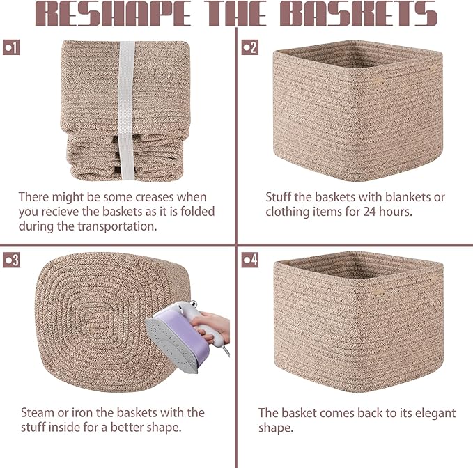 OIAHOMY 9”x9”x7” Storage Cubes, Cotton Rope Woven Baskets for Organizing, Cube Storage Bin, Small Gift Basket for Shelf, 3-Pack, Brown