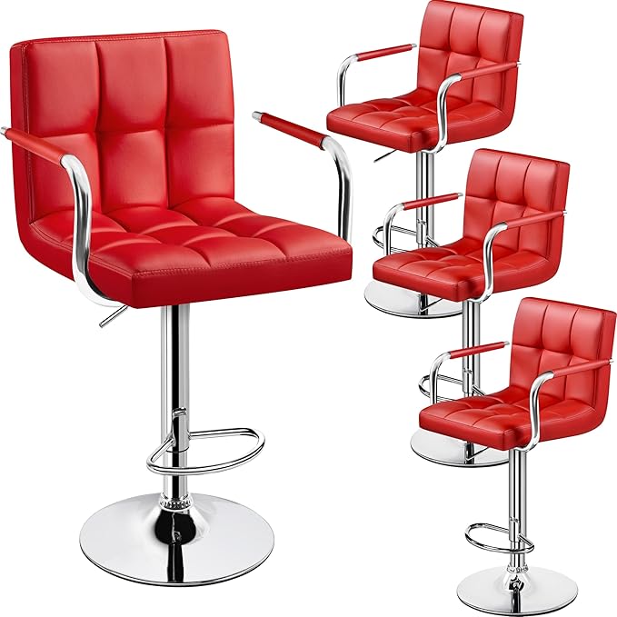 Yaheetech Bart Stools Set of 4, PU Leather Adjustable Barstools with Armrest, Counter Height Stool Chairs with Thickened Seat Cushion for Kitchen Island, Red