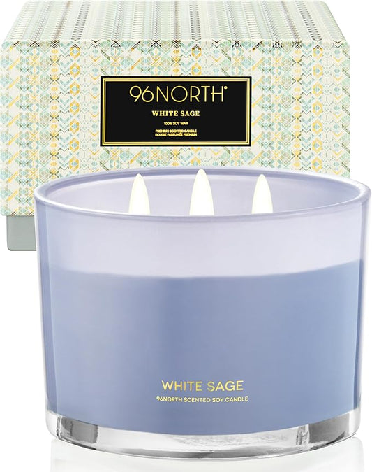 96NORTH Luxury White Sage Candle | Large 3 Wick Jar Candle | Up to 50 Hours Burning Time | 100% Natural Soy Wax | Relaxing Aromatherapy Aesthetic Candles | Housewarming Gift for Men and Women