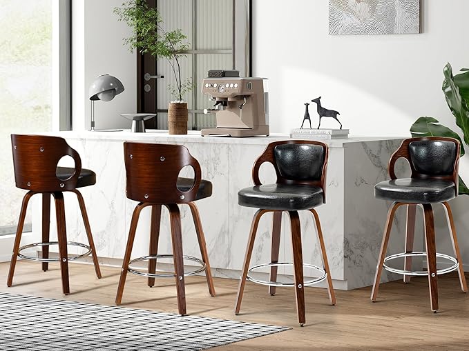 ECOTOUGE Swivel Bar Stools Set of 4, Walnut Faux Leather Counter Height Barstools with Bentwood Back and Footrest, for Dining Room, Kitchen Island and Pub, Black