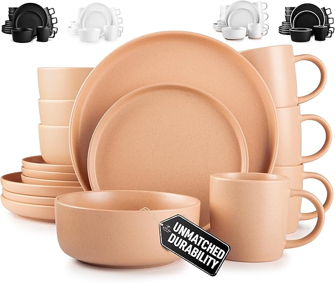 Zulay Kitchen Terra Stoneware Dinnerware Set, Artisanal Ceramic Plates and Bowls Set Crafted at 2300℉ - Service for 4, Terracotta Clay