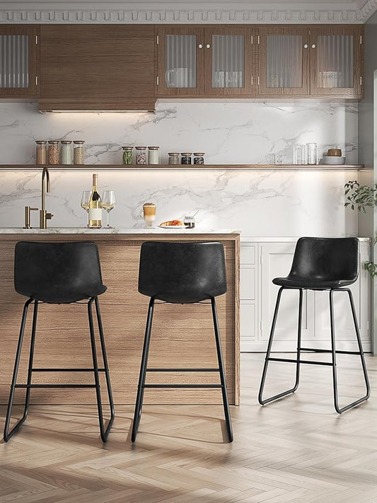 Bar Stools Set of 3, 26 Inches Counter Height Bar Stools with Back, Modern Faux Leather Barstools with Metal Legs and Footrest, Bar Chairs for Kitchens Island (Black)