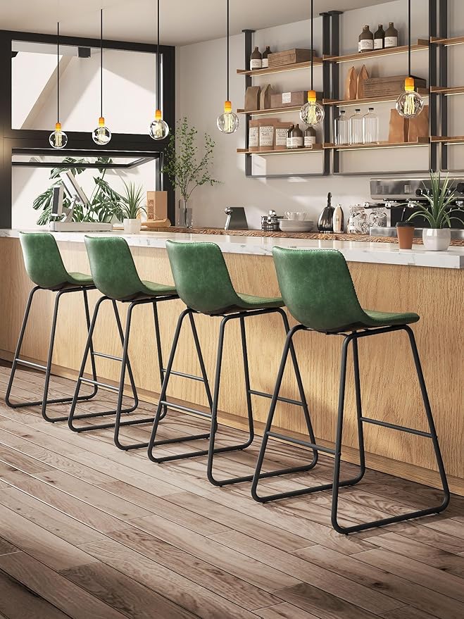 Bar Stools Set of 2, 26 Inches Counter Height Bar Stools with Back, Modern Faux Leather Barstools with Metal Legs and Footrest, Bar Chairs for Kitchens Island (Green)
