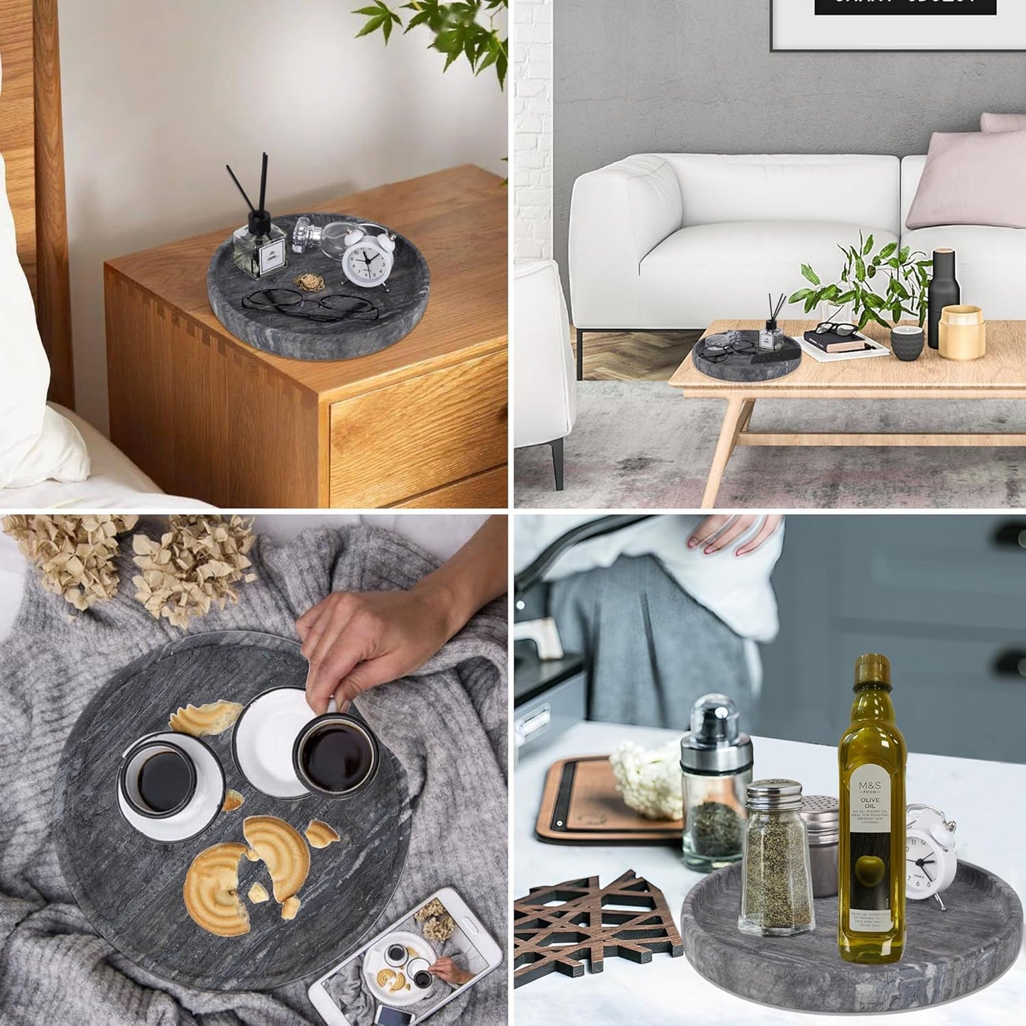 WORHE Natural Marble Vanity Tray for Bathroom Bedroom Kitchen Dresser, Round Decorative Trays for Jewelry, Perfume, Cosmetic, Candle, Countertop Storage Organizer for Home Decor Gray Black (WH017)
