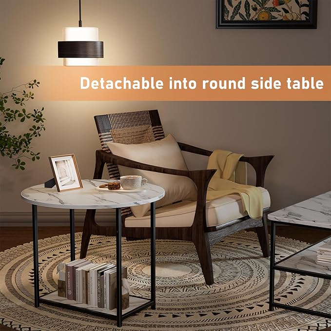 WOHOMO 48IN Faux Marble Wood Coffee Table with Adjustable Shelf, White Nesting Tables 2 in 1, Small Coffee Tables for Living Room