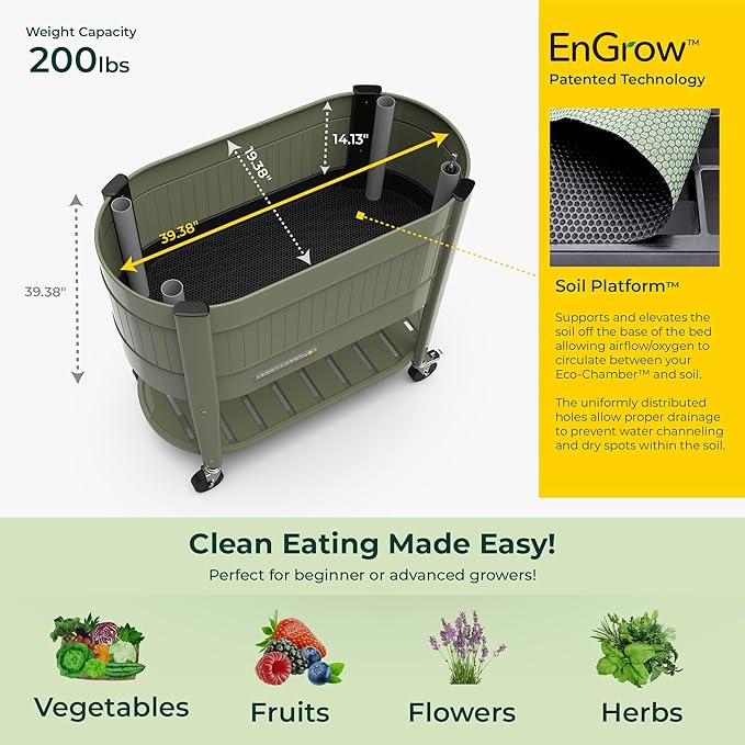 Permasteel Raised Garden Bed with Legs, 40×20×37 in, Planter Box with EnGrow™ TrueSoil™ Technology for Vegetables, Flowers, Herbs, and Fruit, Outdoor Indoor, Storage Shelf, Green