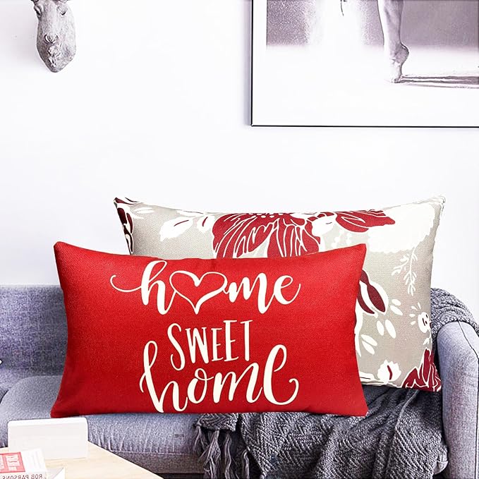 Decorative Throw Pillow Covers Set of 4 Wine Red Pillow Covers 12x20 inch Throw Pillow Cases Linen Square Pillow Case,Farmhouse Outdoor Modern Boho Pillow Covers for Couch Sofa Living Room