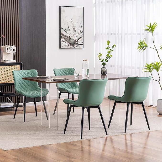 YOUTASTE Light Green Dining Chairs Set of 2 Mid Century Modern PU Leather Diamond Upholstered Accent Guest Dinner Chair with Back Metal Legs for Kitchen Living Reception Waiting Room