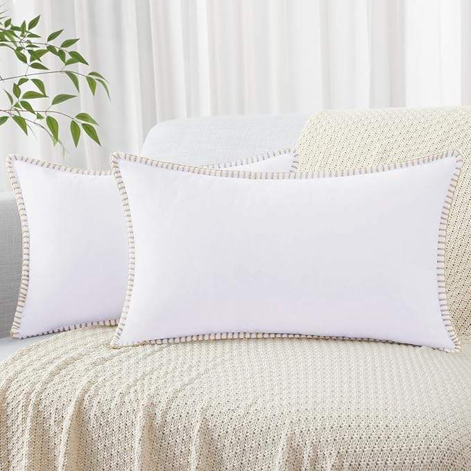 decorUhome Chenille Soft Throw Pillow Covers 12x20 Set of 2, Lumbar Velvet Farmhouse Neutral Decorative Euro Pillow Covers with Stitched Edge for Couch Sofa Bed Home Decor, White