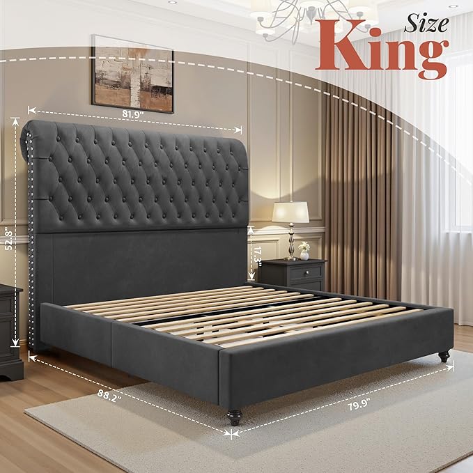 Jocisland King Size Bed Frame with 53" Tall Headboard, Velvet Upholstered Platform Sleigh Bed with Button Tufted Solid Wood Legs, No Box Spring Needed, Easy Assembly, Gray