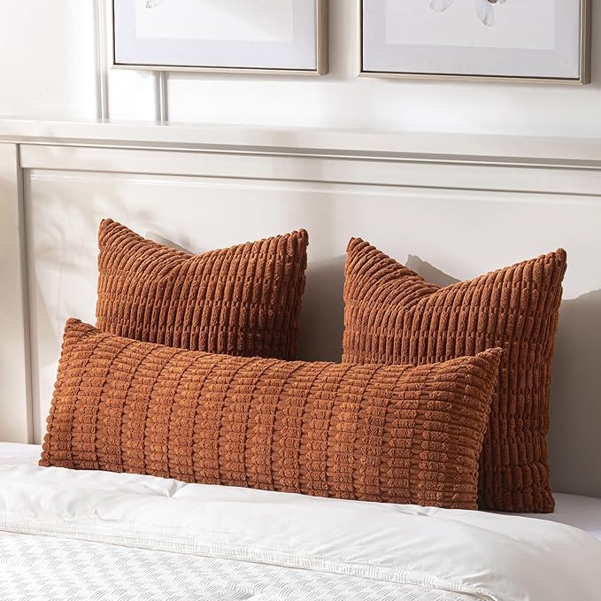 Fancy Homi 2 Packs Rust Long Body Lumbar Decorative Throw Pillow Covers 14x36 Inch for Bed Couch Bedroom Bench, Soft Corduroy Rectangle Solid Pillow Case, Terracotta Rustic Farmhouse Boho Decor