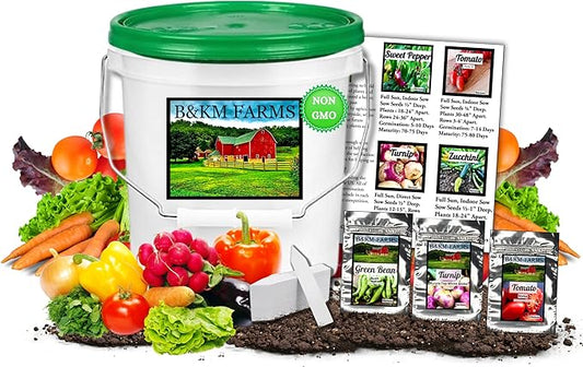 B&KM Farms 20,000+ Survival Seed Kit 5+ Year Supply. 30 Fruit & Vegetable Non-GMO Heirloom Seeds for Planting a Home Garden. Secure Emergency Weather-Proof Bucket