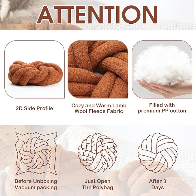 2 Pieces Knot Ball Pillows 14 x 14 Inch Decorative Pillow for Couch Bedroom Plush Throw Knot Pillow Soft Handmade Chair Cushion for Living Room Car Decorations (Caramel)