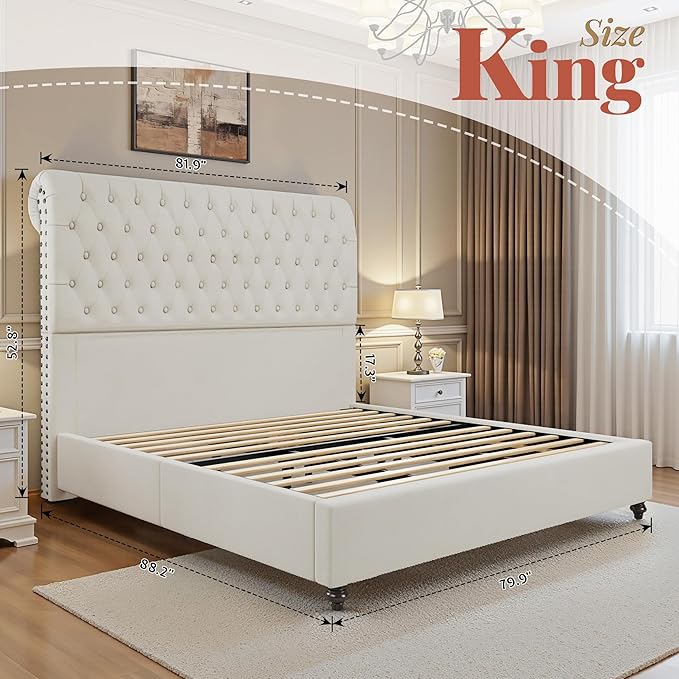 Jocisland King Bed Frame with Headboard, Velvet Sleigh Bed with Button Tufted 52.8" Tall Upholstered Headboard, No Box Spring Needed, Easy Assembly, Cream