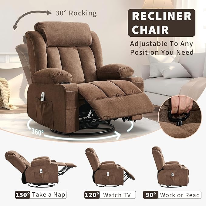GarveeHome 360° Swivel Rocker Recliner Chair with Heat Massage, Widen Overstuffed Single Sofa Lounge Chair with 3 Positions 2 Side Pockets Cup Holders USB Ports Remote Control Brown
